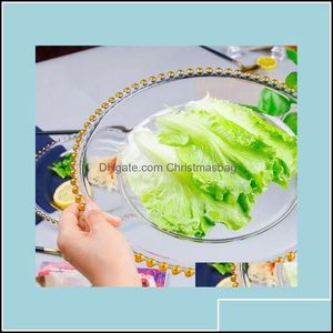 Dishes Plates Dinnerware Kitchen Dining Bar Home Garden21Cm Round Clear Golden Beaded Charger Pates Glass Plate For Wedding Table Dhhxq