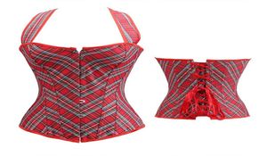 赤いチェック済みのホルターネックコルセットとGSTRINGセット女性ファッションプラスサイズS6XLブリティッシュスタイルの格子縞のオーバーバストレースアップコルセット9950366