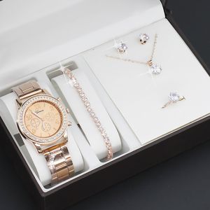 Armbandsur Womens Fashion Watches Luxury Rhinestone Necklace Armband örhängen Set Elegant Causal Wristwatch Quartz Watch for Ladies Clock