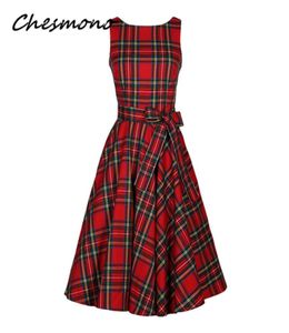 Donne O Neck Red Tartan Controlli Abito a quadri Vintage Vintage anni '60 Pin Up Rockabilly Swing Abiti con Aband Hepburn Robe Vestidos Y5654163