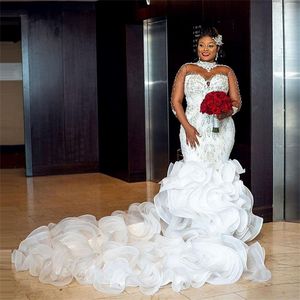 Luksusowe afrykańskie sukienki ślubne Fluzing falbany długie rękawy Wysokie szyję Vestidos de novia z koralikami plus size syrena ślubna sukienka ślubna 2022 251c