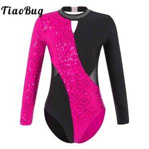 Dancewear paljetter Gymnastics Leotard för barnflickor långärmad ihålig ut balettdansplikare tävling skridsking bodysuit jumpsuit y240524