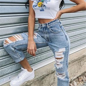 Frauen Jeans Frauen Indie -Stil Elastic Loch Denim Hosen Mode Modified Leg Button High Taille Tasche Frauen klassische Hosen
