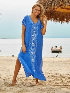 Basic Casual Dresses Cover up Caftan Maxi Dress 2024 Robe De Plage Embroidered Beach Cover Up Womens Kaftan Dress Pareo Tunic Womens Swimsuit J240527