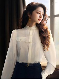 Damskie bluzki wiosenne damskie bluzka w stylu vintage casual topy szyfonowe koraliki eleganckie luźne modne koszule z długim rękawem 2024
