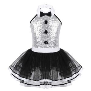 Atualmente, vestido de balé de balé de bowtie fofo para crianças para crianças fadas baile de festas halter lantejas de leotardas de jazz latino moderno costume de dança y240524