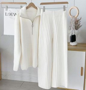Women039s Two Piece Pants Sticked Wideleg and Sweaters Tracksuit Autumn Winter Casual Solid White Long Sleeve Jumpers Female 21700847
