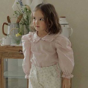 Kids Shirts Blouses Spring Korea Girls Children Clothing Lovely Lapel Collar Solid Color Long Sleeved Princess Style Shirt 2024 T240524