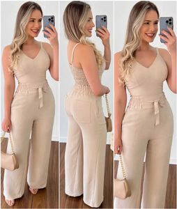 Kvinnors tvåbitar byxor Elegant Womens Tank Top+Pants 2 Piece Set Solid 2023 Summer V-hals Sexig hög midja raka benbyxor kvinnlig casual kostym S-XXL T240523