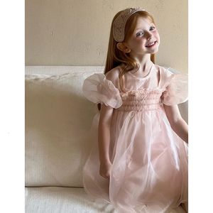 Söt babyflickor prinsessa rosa chiffong klänning barn spansk stil puffhylsa veck klänningar spädbarn baby barn kläder 9t 240527