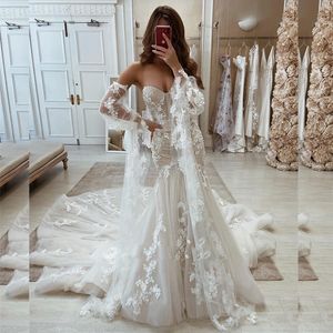 Romantic Lace Illusion Corset Bodice Mermaid Wedding With Long Train Remove Sleeves Elegat Dress For Bride Lace Up Bridal Gown