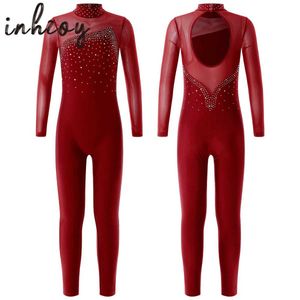 Dancewear Kids Girls Gerve Long Shiny Sinestone Gymnastics Leotards Dancewwear Body Dance Stage Performance Abside Y240524