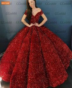 Glitter Red Evening Gowns Pageant Off Axel Sequined Soe Up Ball Gown Robe de Soiree Long Custom Made Gala Formal Dress LJ20128662506