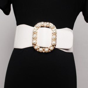 Women's runway fashion pearl buckle elastic Cummerbunds female Dress Corsets Waistband Belts decoration wide belt R3176 302t