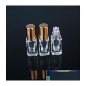 Packing Bottles Wholesale L Essential Oil Per Square Clear Glass Roll On Bottle With Gold/Sier Cap Stainless Steel Roller Drop Deliv Dhqew