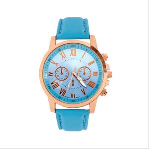 Roman Number Dial Fashion Woman Watch Retro Genebra Student Watches Womens Quartz Watch Watch With Blue Leather Band 303F