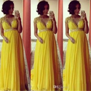 Bright Yellow Short Sleeves Chiffon Long Evening Dresses For Pregnant Maternity Women Formal Party Prom Gowns Empire Beads Crystal Sash 304K