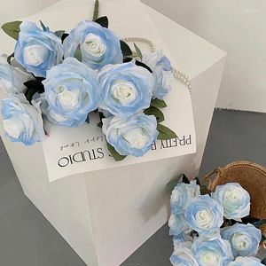 Dekorativa blommor 3st mode blå rosor vardagsrum hand bukett bröllop trädgård dekoration konstgjord hög kvalitet utsökta