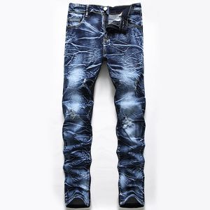 Mode Slim Men's Stretch Jeans, tie-dye raka tvättade vita denimbyxor, mitten av midjan färgkontrast jeans, storlek 28-42