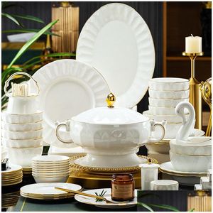 Zestawy naczyń obiadowych Nordic Fine Bone China 82PCS Ceramiczny złoty obręcz porcelanowy luksusowe zastawa stołowa biała kolacja Drop dostawa dom ogrodowy ogród kitche otvzh