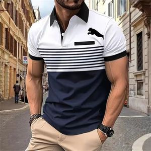 Modne minimalistyczne drukowane w paski mężczyźni Polo T-shirt Summer Trend Golf Golf Cailing Casual Lapel Short Sange Oversized Top 240524