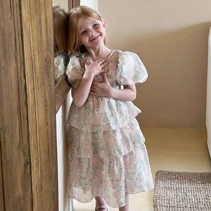 Söt babyflickor Princess Floral Chiffon Lace Dress Kid Spanish Style Puff Sleeve Dresses Spädbarn Baby Barn Kläder 9T 240527