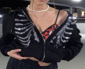 Mode Frauen Hoodies Y2K Skelett Reißverschluss übergroß