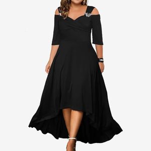 Womens V Neck Cold Shoulder Midi Dress Ladies Cocktail Xmas Party Gown Swing Dresses Evening Formal Plus Size Clothing 240527