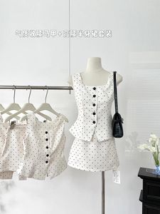 Work Dresses Summer Women Old Money Vacation French Vintage Office Lady Gyaru Polka Dot Outfits 2 Piece Set Vest Mori Elegant Mini Skirt