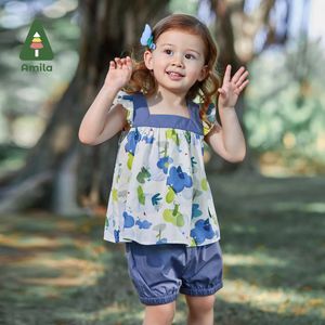 Amila bambina set di abbigliamento set Summer Simpatico modello di fiori Nifty e Fly Maniche Blouseshorts Siding Twopiece Set 240516