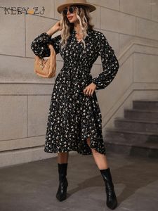 Casual Dresses KEBY ZJ Elegant Party Women's Dress Black V-Neck Printed Stretch Waist Maxi Autumn Winter Long Sleeves Midi