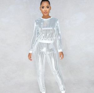 Womens 2 Piece Pants Outfits Sexig Silver Glitter -paljetter Metallisk glänsande topp och byxor Ställ kläder KLÄDER Sweatsuit1001565