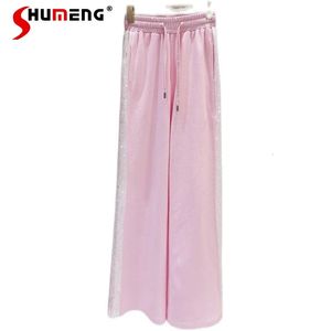 Drilling Pink Striped WideLeg Pants Women Summer Elastic Waist Ice Silk Sun Protection Loose Casual Trousers 240516