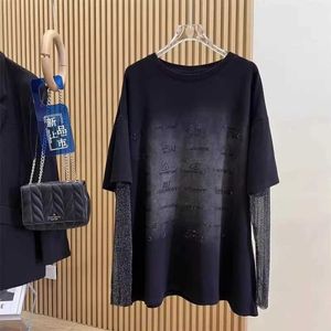 Women's T-Shirt Large 150kg letter stamped diamond womens T-shirt with gold screen long sleeved patchwork womens T-shirt 2024 spring/summer new top J240527
