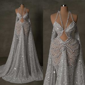 Sexy Women Evening Dresses Halter Sleeveless Gown Pearls Sequins Sweep Train Dress For Party Custom Made