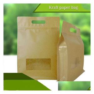 Packing Bags Wholesale 10Pcs Big Brown Kraft Paper Packaging Standing Bag With Clear Window And Handle Coffee Eight Side Sealing Pou Dht6K