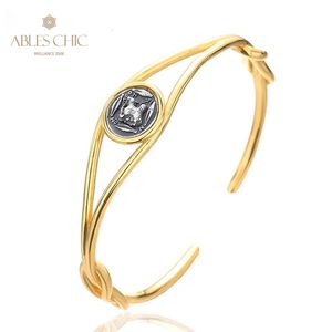 Moedas de leão grego rugindo 18k Tom de ouro sólido 925 Silver Roman Coin Wire Bangle Aberto Bracelete B1006 240527