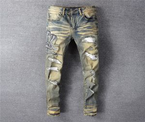 Män jeans män kvinnor t skjortor panther tryck armé grön förstörde mens smala denim rak cyklist mager jeans8749275