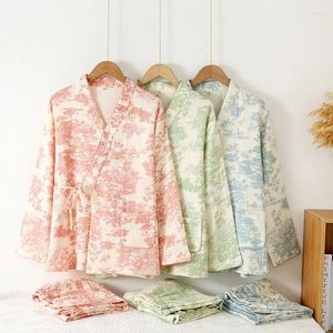 Home Clothing Spring /Autumn Chinese Style Pajamas For Women Cotton Gauze Lace-up Long-sleeved Pants Elegant Kimono Clothes