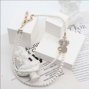 Pendant Necklaces European and American Fashion Commuter Elegant Brass Plated Crown Water Diamond Double Layer Pearl Women's Necklace