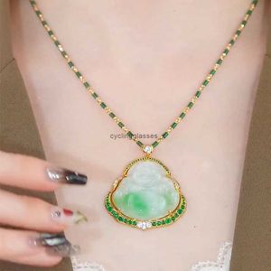 2024New green zirconium belly Maitreya Buddha pendant imitating Hotan Jade inlaid Laughing necklace as a gift for mother