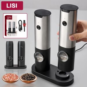 Electric Salt And Pepper Grinder Automatic USB Rechargeable Stainless Steel Adjustable Coarseness Spice Mill With LED Light 240527