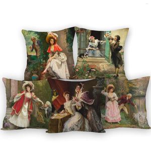 Pillow Elegant Lady Woman Beauty Europe Portrait Painting Covers Rose Flower Decorative Pillows For Sofa 45X45cm