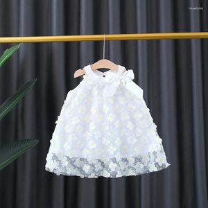 女の子のドレスガールズドレス1〜3年夏のクルーネックボウノースリーブAラインスカート3次元の花サンドレス