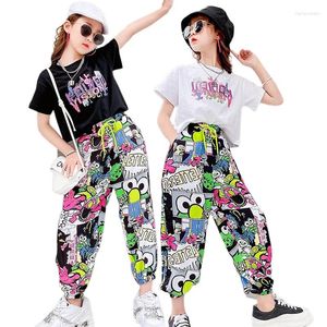 Clothing Sets Girls Summer Set Teen Cotton 2Piece Children Short Sleeve T-shirt Graffiti Pants Kid Street Style 6 8 10 12 14 16 Y