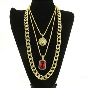 Fashion-Hop Necklace Jewelry New Ruby Pendant Necklace 3Pcs Set Fashion Cuban Link Chain Jewelry Set 221G