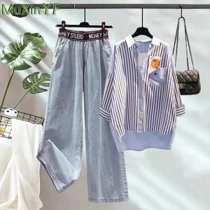 Women Casual Stripe Loose Shirt Wide Leg High Waist Denim Pants Two Piece Set Summer Y2K Fashion Streetwear Female Korean Jeans 240516