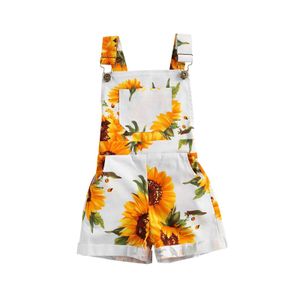 Overaller Rompers 2-7y Full Set Summer Fashion Jumpsuits Sunflower Print ärmlösa hängande shorts flickor jumpsuitkläder wx5.26