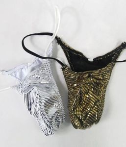 Mens Micro String Thongs Small Pouch Triangleback Underwear G2083 Shiny Sexy Underwear Metallic Foiled Jersey Fabric2784637