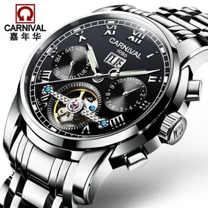 Tourbillon Automatyczne zegarki Mens Carnival Top Multifunkcyjna Maszyna Business Watch Men Wodoodporne szkieletowe zegarek 265W